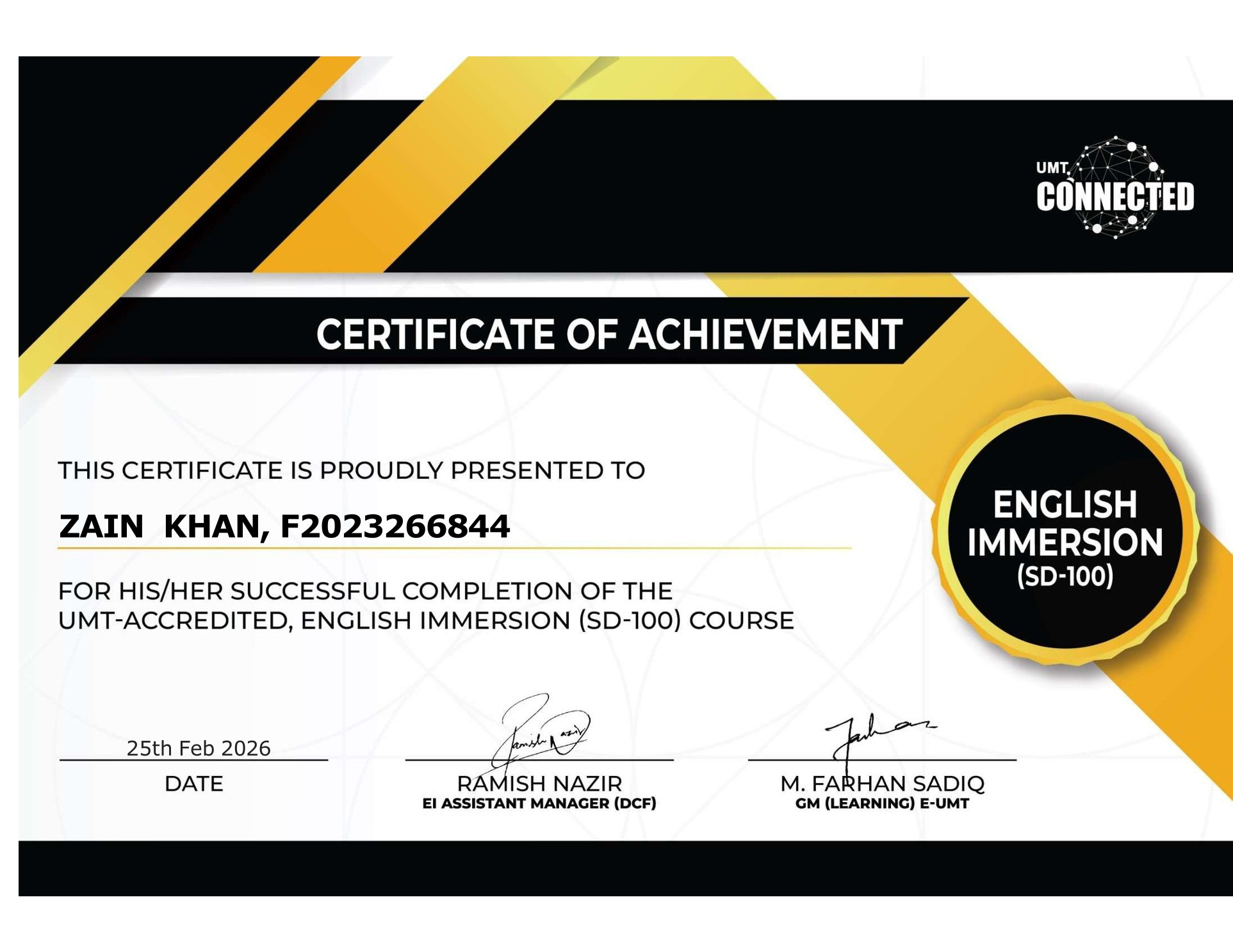 English Immersion Course certificate
