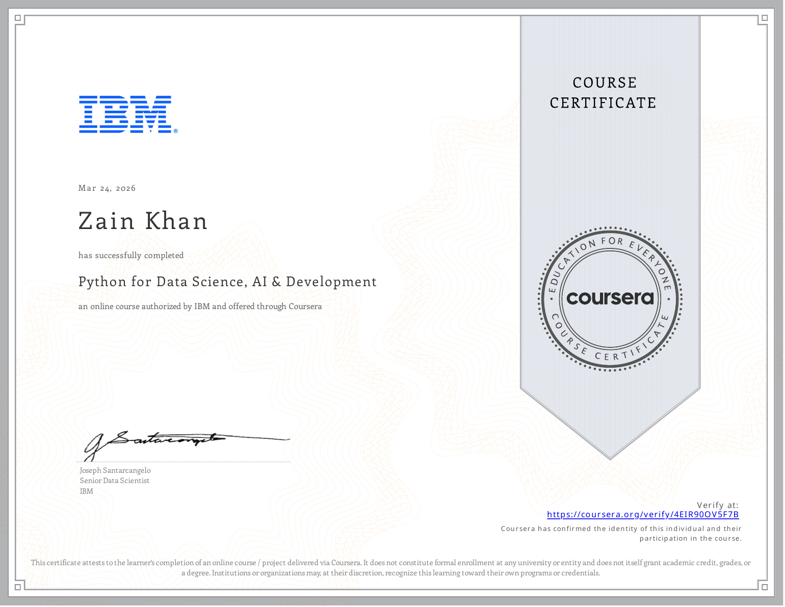Python for Data Science, AI & Development certificate