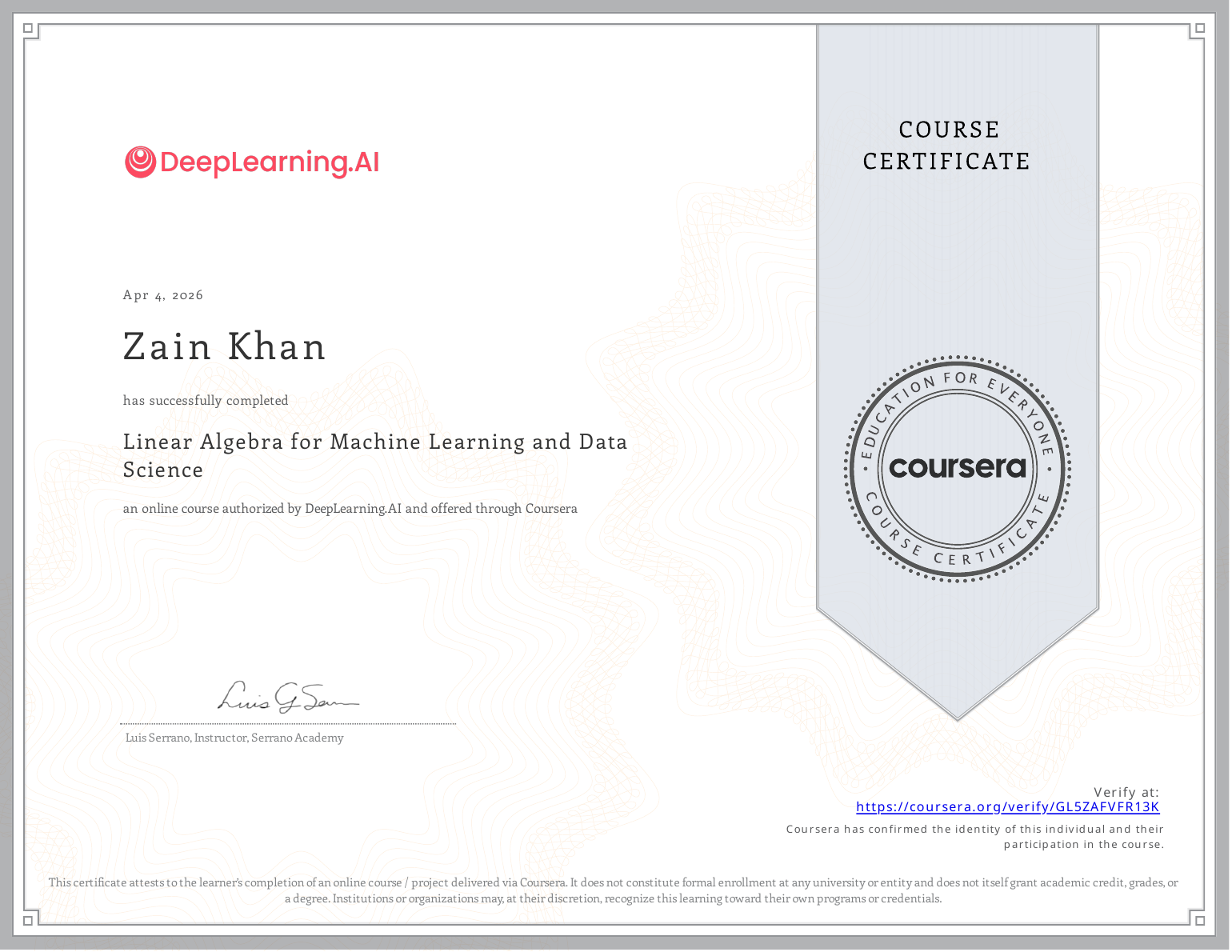Linear Algebra for Machine Learning and Data Science certificate