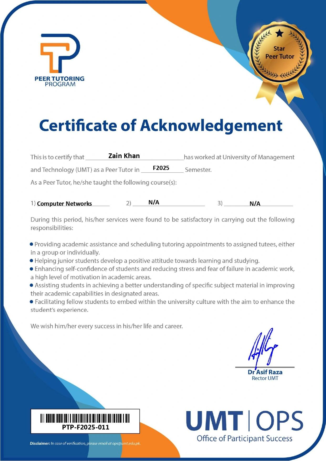 Star Peer Tutor — Computer Networks certificate